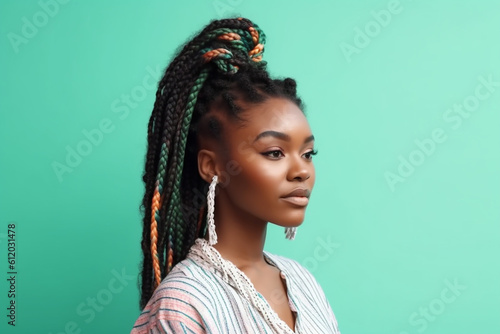 Pretty young afro-american woman with braids on the mint green background. Generative AI