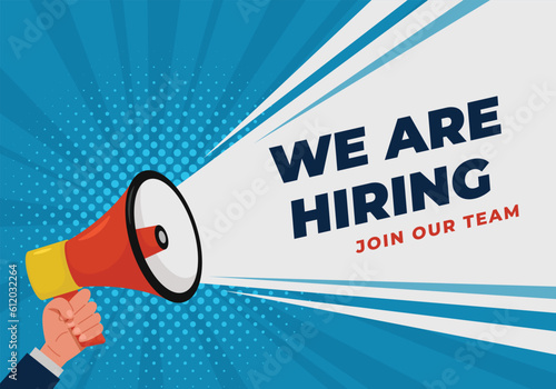 We Are Hiring. Hand holding a megaphone. Cartoon style. The business concept of search and recruitment
