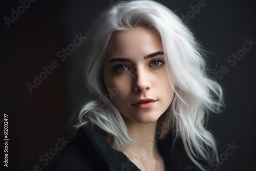 Portrait of a woman with white hair against a black background - Generative AI