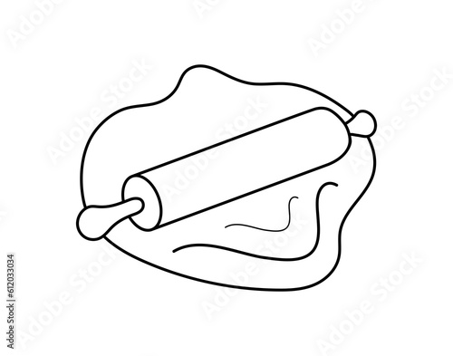 Stylized dough, rolling pin and kitchen utensils. Logo, sign. Black outline hand drawn vector illustration.  Shop, bakery, pastry shop design. 
