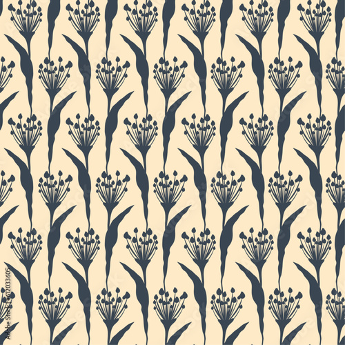 Minimalist Seamless pattern with garden and field plants, wildflowers, buds, grass. Nature background for wrapping paper, cover, fabric, interior, stationery design, print, website, app. Vector