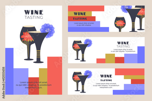 Set of poster, flyer for wine tasting with Modern wineglasses and cocktail glass. Wine event. Creative glasses with flower decor. Vector for invitation, winery bar, restaurant, wine house, party