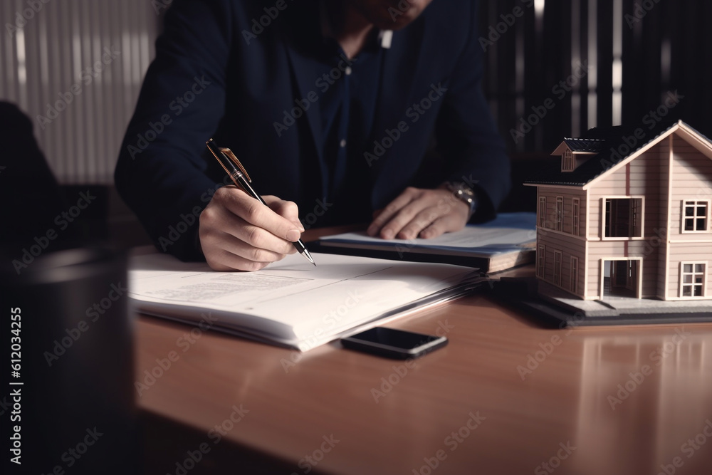 Business, law concept. Close-up human hands view of businessman signing documents. Model with formal classic clothing. Dark background with copy space. Generative AI Business, law concept. Close-up human hands view of businessman signing documents. Model with formal classic clothing. Dark background with copy space. Generative AI