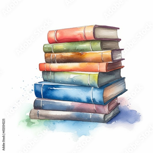 Watercolor-Style Stack of Books, Colorful Textbooks Illustration with White Background [Generative AI]