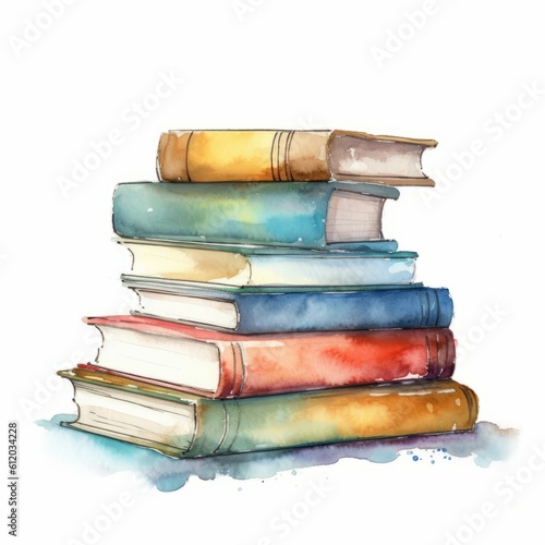 Watercolor-Style Stack of Books Illustration with White Background [Generative AI]