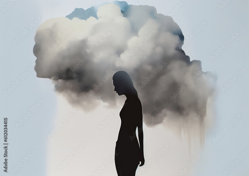 cloud woman man black mind concept idea poster creative dream conceptual dramatic. Generative AI. cloud woman man black mind concept idea poster creative dream conceptual dramatic. Generative AI.
