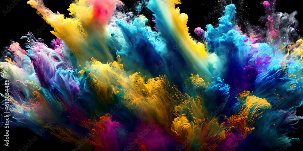 Rainbow colored smoke. Color drops. Underwater liquid color. Generative AI
