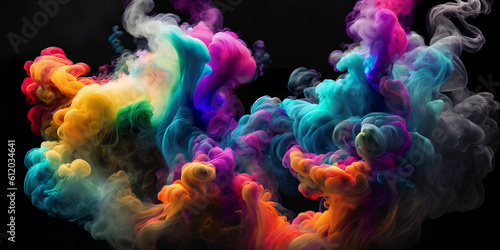 Rainbow colored smoke on black background. Color drops. Colorful underwater liquid color. Generative AI