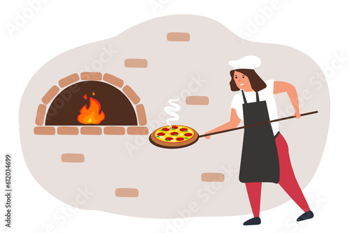 woman chef cooking traditional pizza in stone oven with fire vector illustration
