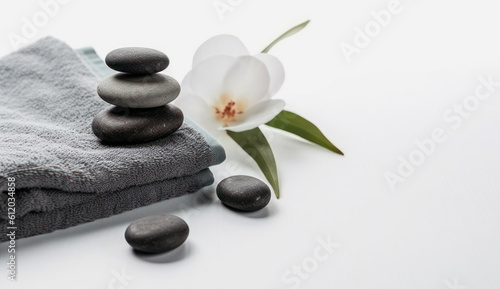 Spa still life with zen stones and orchid flower isolated on white background  copy space  Generative AI