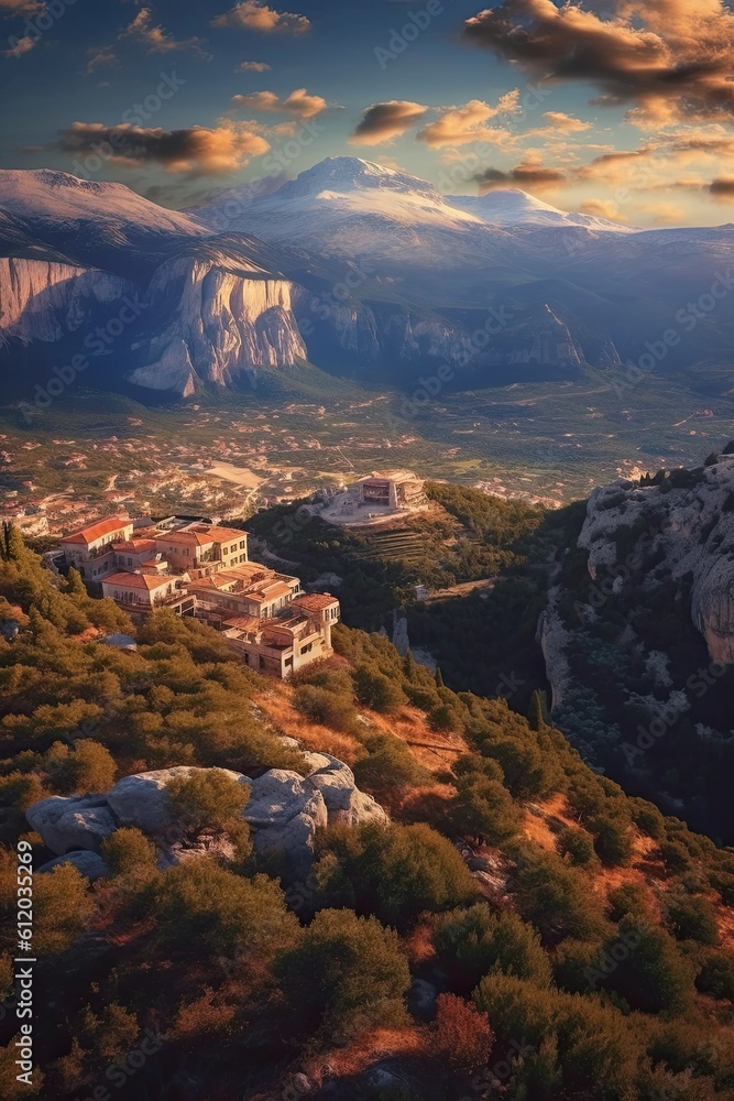 Fototapeta premium Sunrise over the mountains. AI generated art illustration.