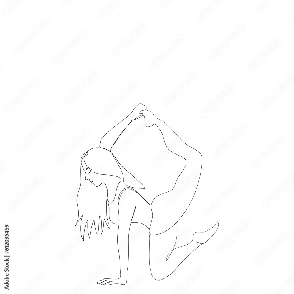 Young Female yoga poses for flexibility one continue line art drawing for yoga, fitness, sport, workout, health.Woman Isolated image hand draw contour.Line art of girl doing Yoga in one hand stand.