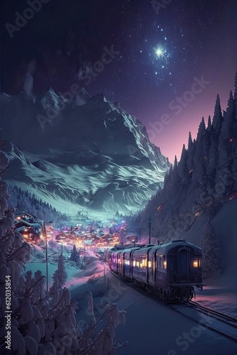 Train in the winter. AI generated art illustration.