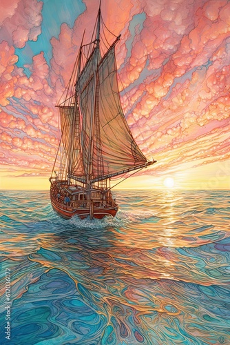Sailing boat on the sunset. AI generated art illustration.