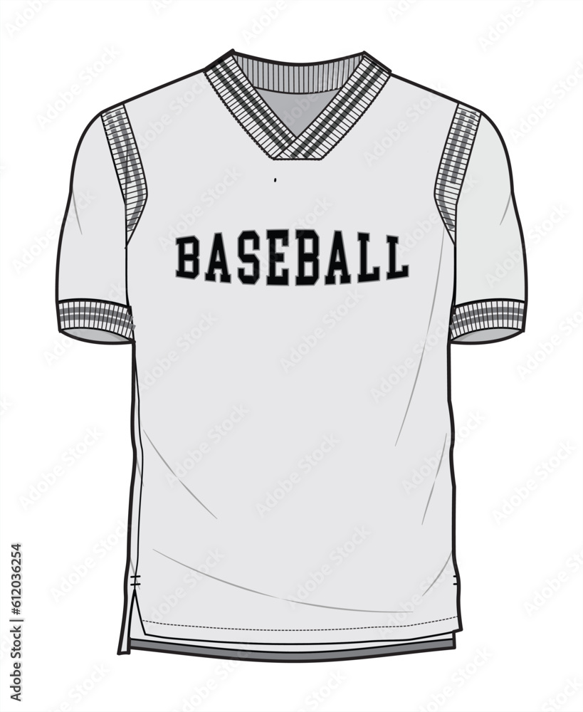 Rib V-Neck Baseball T-Shirt Front and Back View. Fashion Illustration, Vector, CAD, Technical Drawing, Flat Drawing, Template, Mockup.	