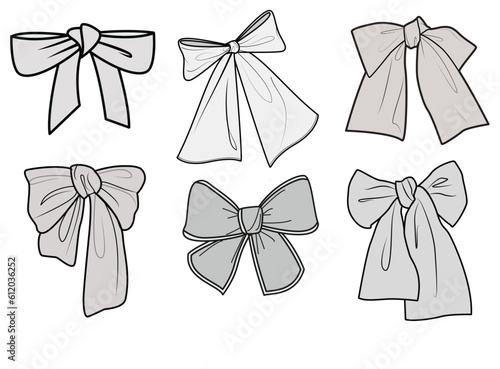 Fashion Accessory Bows, Ribbon Bows Set Fashion Illustration, Vector, CAD, Technical Drawing, Flat Drawing, Template, Mockup.	