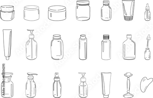 Beauty products vector line art. Tubes  jars  bottles and boxes for cosmetics. 