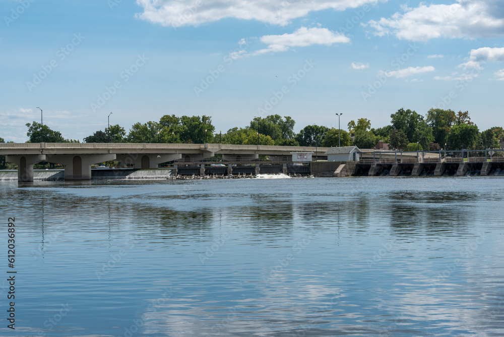 Pelicans and Cormorants At The Dam On Fox River At Neenah, Wisconsin