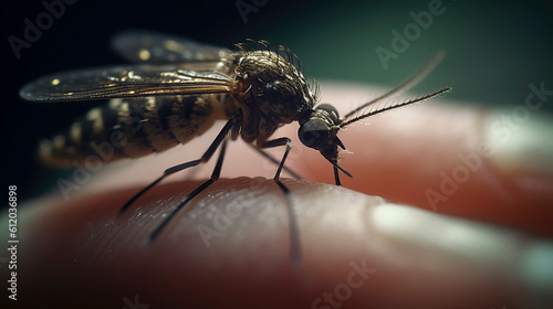 Illustration from mosquito on hand close up with Generative AI technology photo