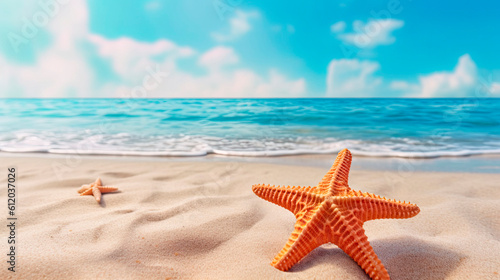  Starfish on the beach with sea and sky background. Summer holiday concept. Generative AI. 