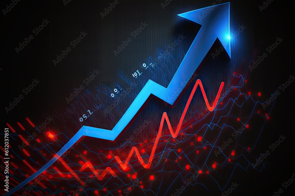Financial graph showing growth in arrow shape over dark background, business concept
