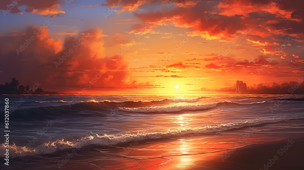 Orange and golden sunset sky on the beach, evoking a sunny summer vacation mood, perfect for a travel holiday banner, Ai generative
