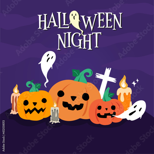 Halloween night banner with Three orange pumpkins and White ghost on purple background.
