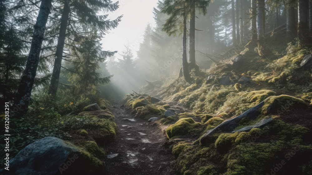 Misty Morning Serenity: A Journey Through Nature's Embrace. Generative AI Misty Morning Serenity: A Journey Through Nature's Embrace. Generative AI