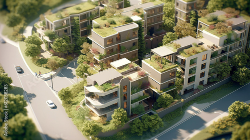 illustrazione di progetto edilizio urbano eco sostenibile con palazzi e alberi, creato con ai photo