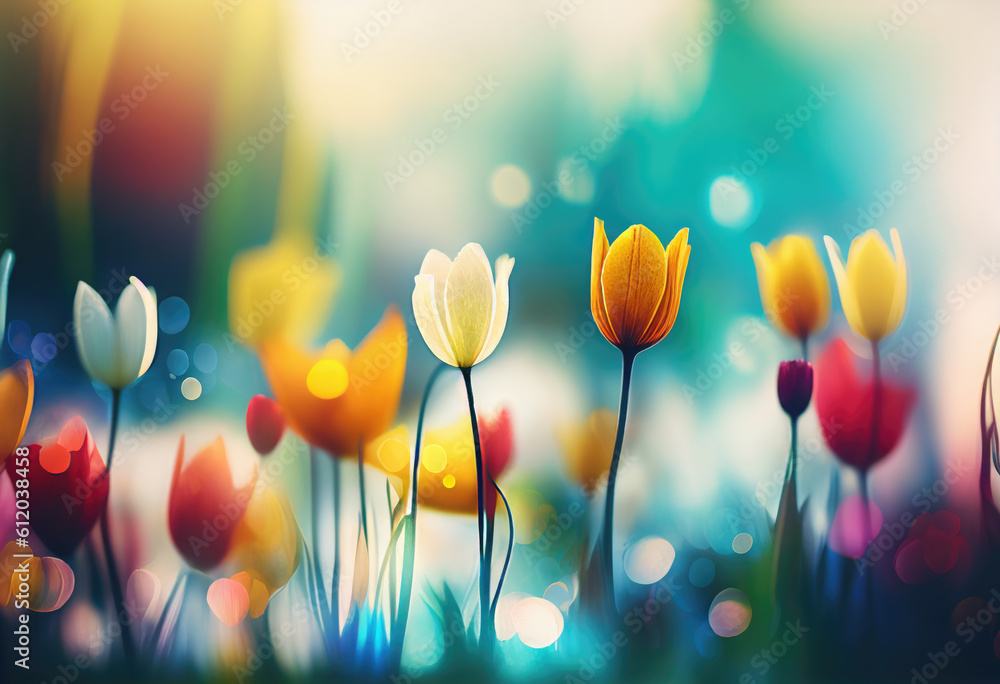 Art spring background. Floral focus bokeh tulips. High quality photo Generative AI Art spring background. Floral focus bokeh tulips. High quality photo Generative AI