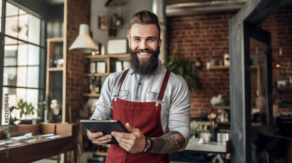 Stylish smiling bearded man standing in front of a barbershop and holding a tablet.Created with Generative AI technology. Stylish smiling bearded man standing in front of a barbershop and holding a tablet.Created with Generative AI technology.