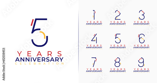Set of creative anniversary logo. 1, 2, 3, 4, 5, 6, 7, 8, 9, birthday symbol collections with minimal and colorful concept