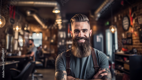 Stylish smiling bearded man standing in front of a barbershop .Created with Generative AI technology.