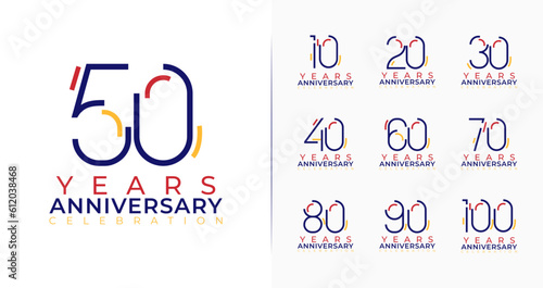 Set of creative anniversary logo. 10, 20, 30, 40, 50, 60, 70, 80, 90, 100, birthday symbol collections with minimal and colorful concept