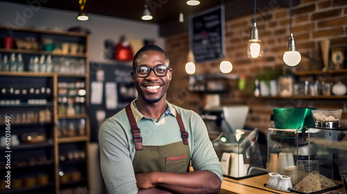 Successful african american business owner standing with crossed arms with in his cafe. Сreated with Generative AI technology.