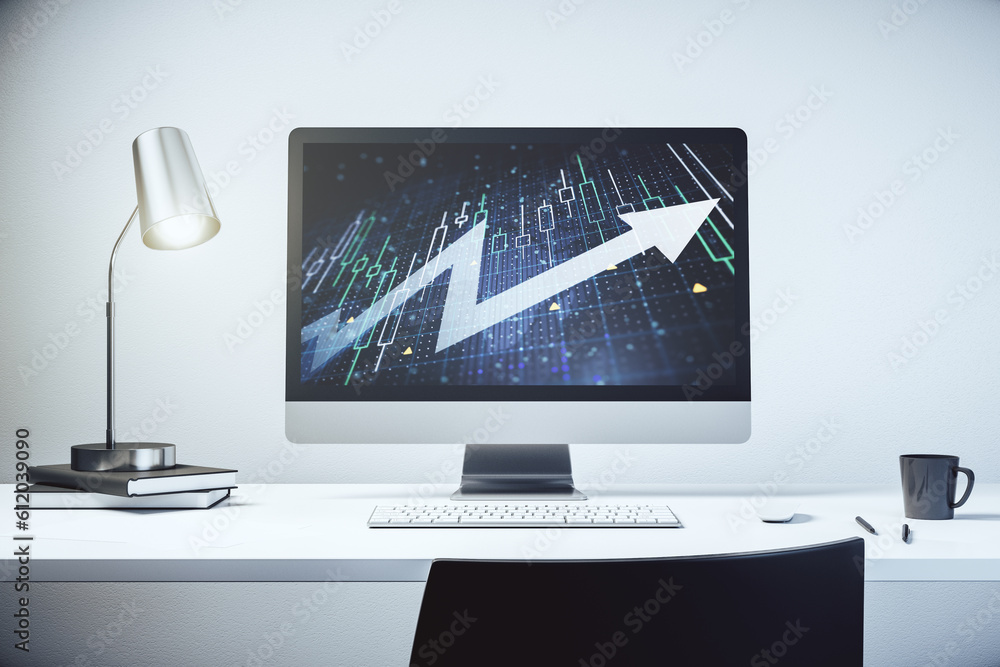 Abstract creative financial diagram with upward arrow on modern computer monitor, growth and development concept. 3D Rendering Abstract creative financial diagram with upward arrow on modern computer monitor, growth and development concept. 3D Rendering