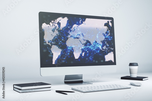 Abstract creative digital world map on modern laptop monitor, tourism and traveling concept. 3D Rendering