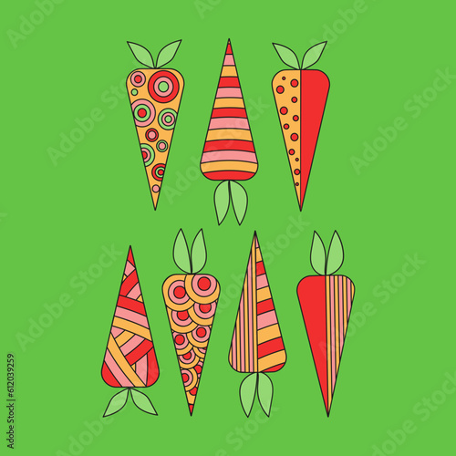 Carrot abstract, pattern, ornament. Bright vegetables. Drawings, doodle.  Vegetarian food. Vector illustration on isolated background. 