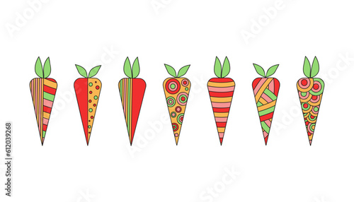 Carrot abstract, pattern, ornament. Bright vegetables. Drawings, doodle.  Vegetarian food. Vector illustration on white isolated background. 