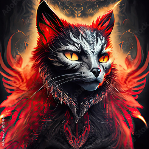 close up of mystic cat, like a phoenix, red and black colors