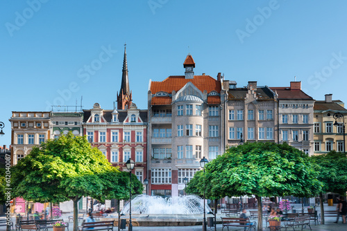 A city fountain in the center of a small town. The center of Walbrzych