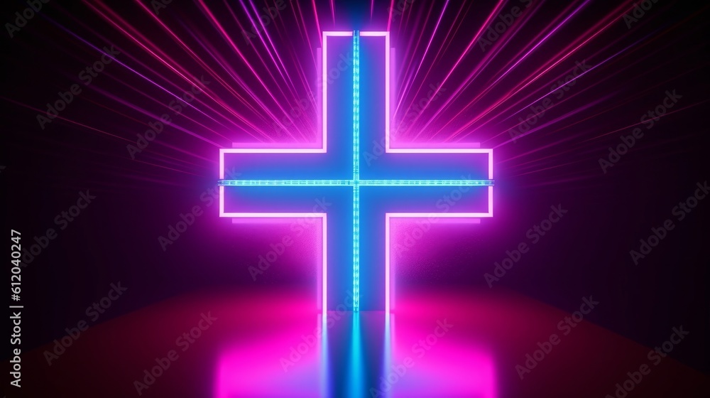 3d render, abstract neon background, glowing pink blue led light, plus or cross symbol with tunnel optical illusion inside. minimal geometric design, empty performance stage floor, Generative AI