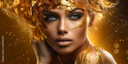 Hübsches blondes Model Gesicht mit goldenen Applikationen geschminkt Nahaufnahme, ai generativ
