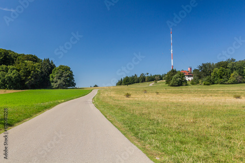 TV tower at Raichberg mountain in Swabian Jura in the state of Baden-Wuerttemberg, Germany