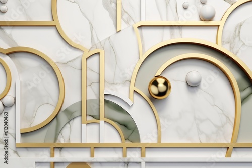 3d render, abstract geometric background with colorful curvy shapes, white marble texture and golden lines. Art deco wallpaper, Generative AI