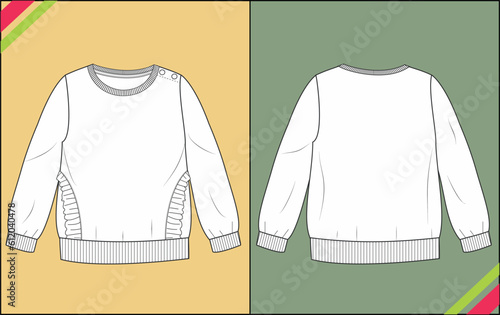 BABY BOY AND GIRL ROUND NECK FULL SLEEVE FRILL POCKET T SHIRT FASHION TECHNICAL FLAT SKETCH TEMPLATE photo