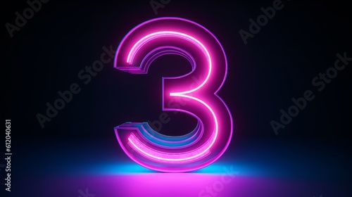 3d render, number three, digital symbol, pink blue gradient neon light glowing in the dark, Generative AI