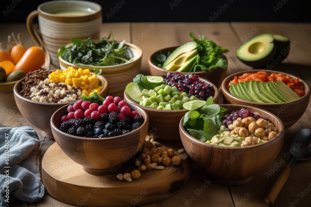 colorful variety of healthy food bowls arranged on a wooden table, generative AI