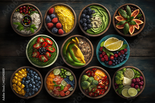 colorful variety of healthy food bowls arranged on a wooden table, generative AI