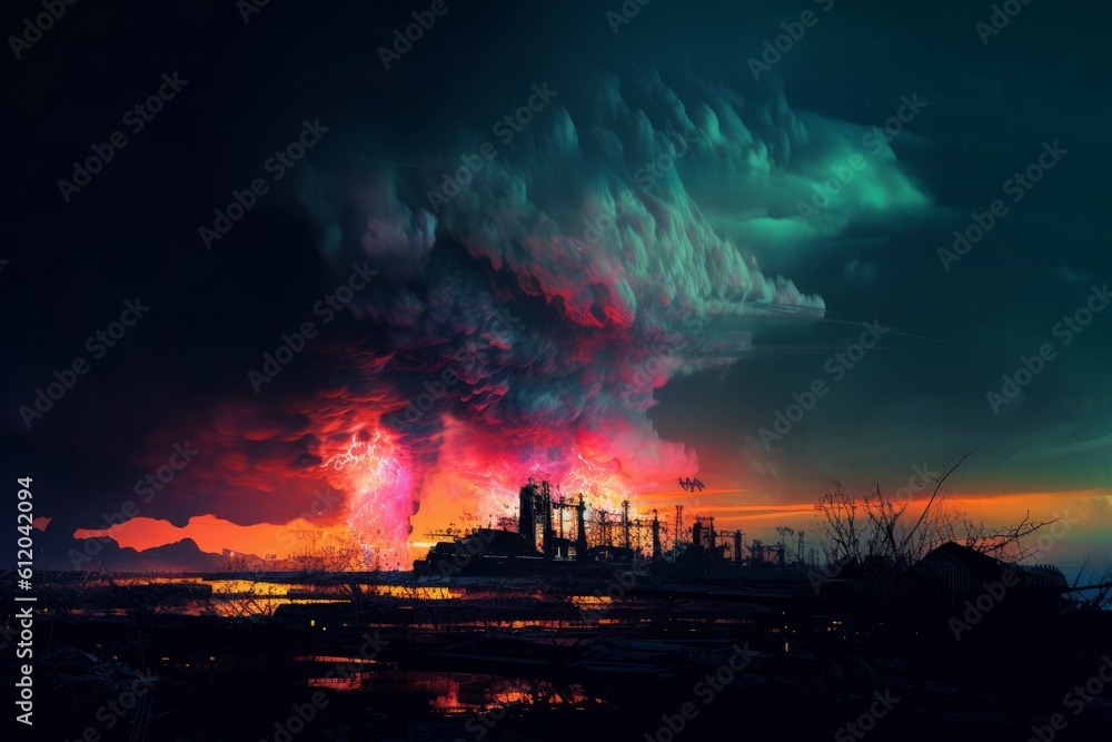 An image showing smoke coming towards an old factory, in the style of intricate psychedelic landscapes. Generative AI.